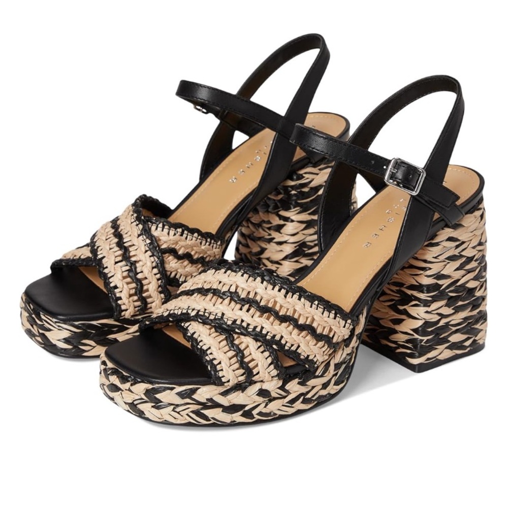 Black and Tan Woven Block Heel Sandals Size 7